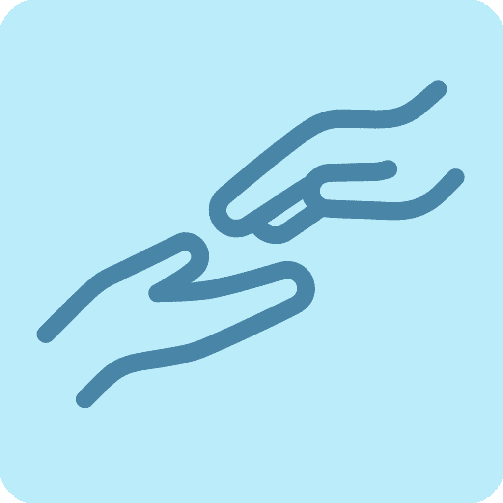 A blue icon on a light blue background depicts one hand reaching down to gently touch or help another upward-facing hand, symbolizing the compassionate care of a Denton Texas chiropractor.
